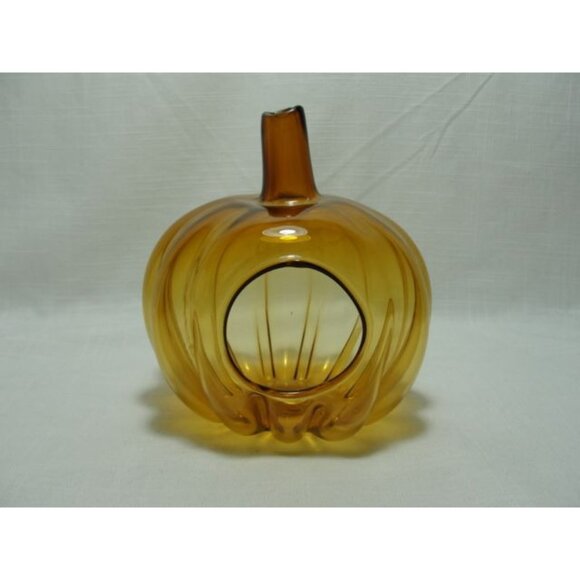 RARE Beautiful Made in Poland Pumpkin Tealight Candle Holder   Amber  Pumpkin Gl - Picture 1 of 11